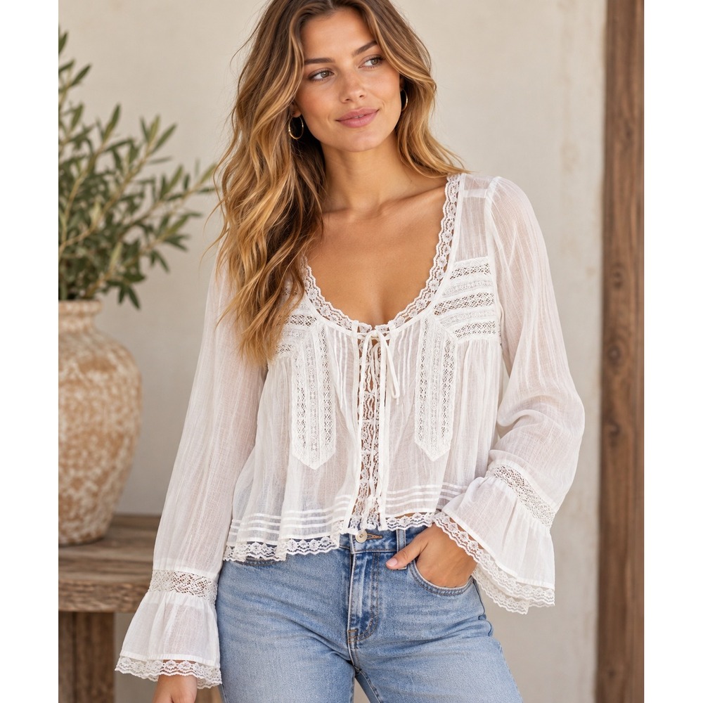 Free People White Cotton Lace Peasant Blouse Long Sleeve Boho Romantic L